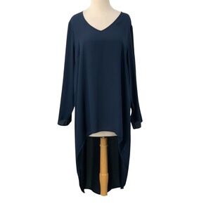 Chicos Womens Long Sleeve Navy Blue Hi-Low Tunic Top V-Neck Flowy Blouse 2/Large